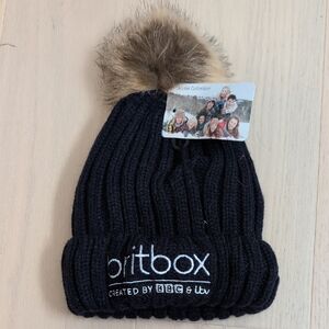 BritBox Black Knit Beanie, Fleece Interior with Faux Fur Pom